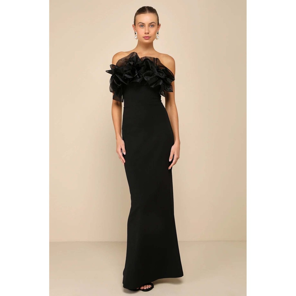 Lulus Evening Excellence Black Ruffled Strapless Mermaid Maxi Dress Size Large - Picture 1 of 7
